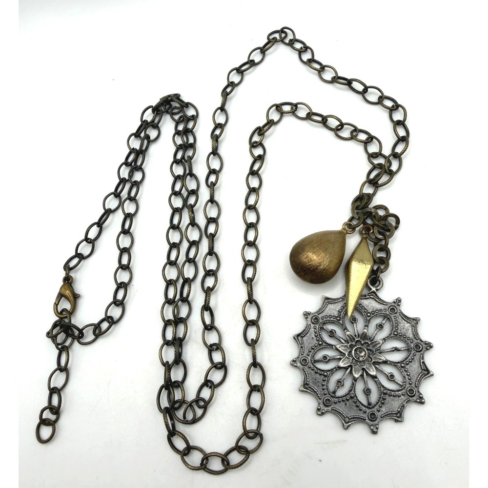 Long Mixed Metal Pendant Necklace Floral Medallion Brass Drops 37"